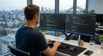 View from behind of a male developer in a Sydney office with large windows overlooking the city skyline, typing code on a keyboard and dual monitors displaying technical documentation.