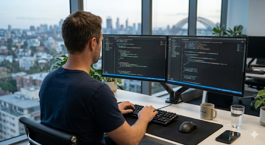 View from behind of a male developer in a Sydney office with large windows overlooking the city skyline, typing code on a keyboard and dual monitors displaying technical documentation.