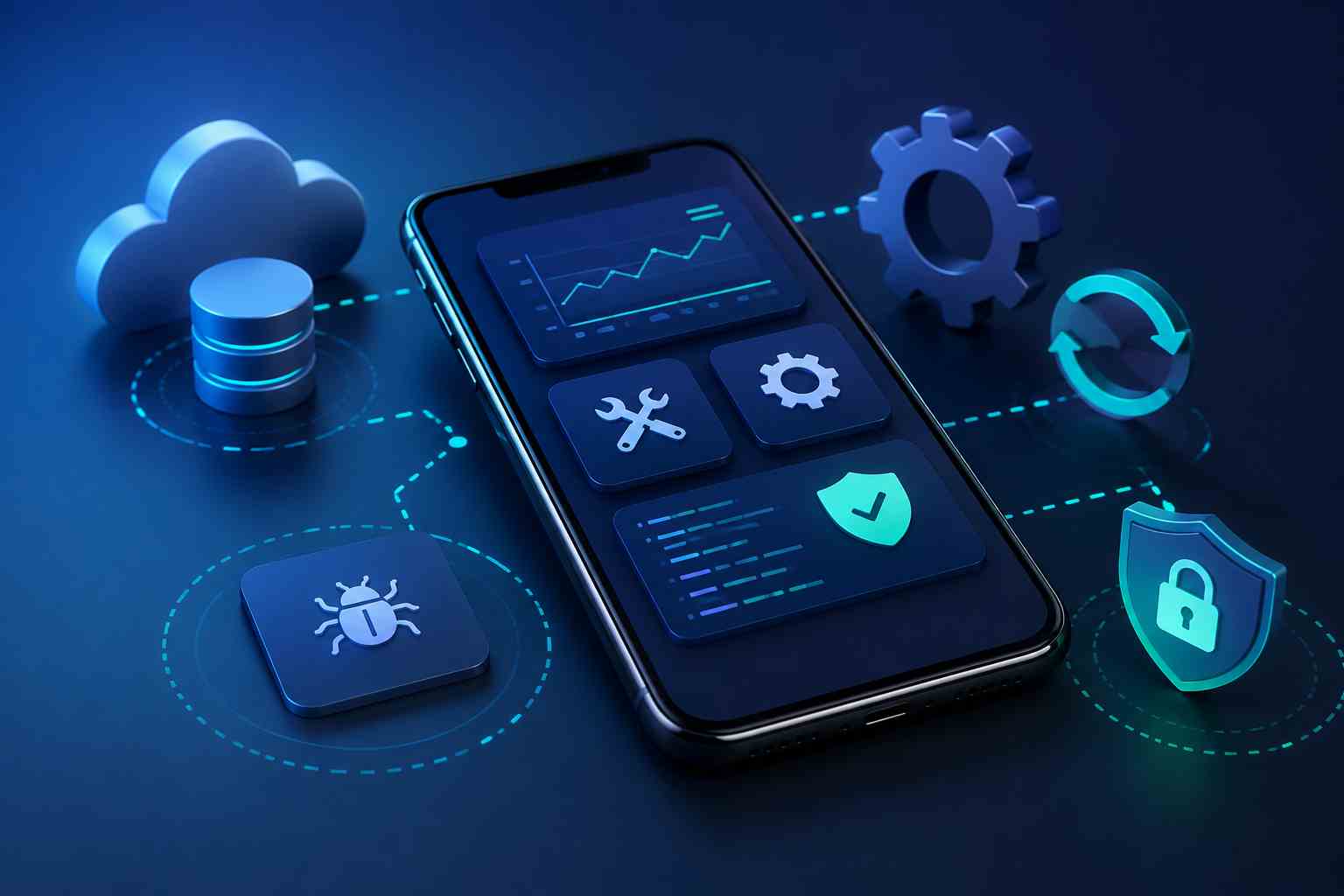 3D illustration of a smartphone with cloud infrastructure, security shield, settings gear, analytics dashboard, and maintenance icons representing mobile app maintenance services, updates, monitoring, and cybersecurity.