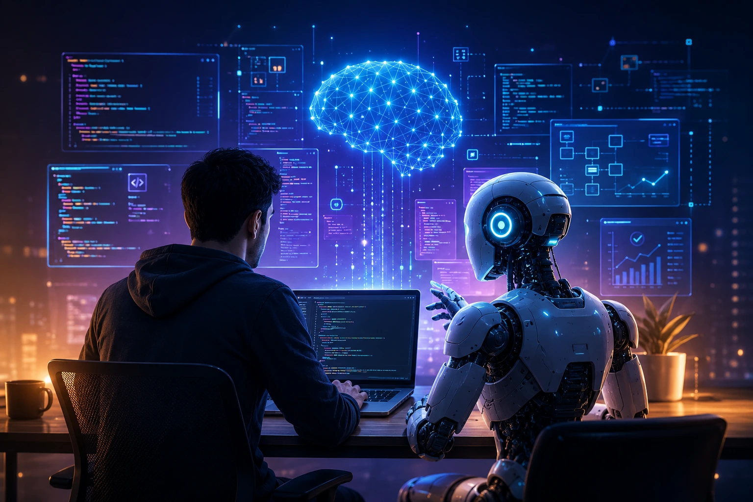 AI-powered software development with a developer and robotic assistant in a futuristic coding workspace.
