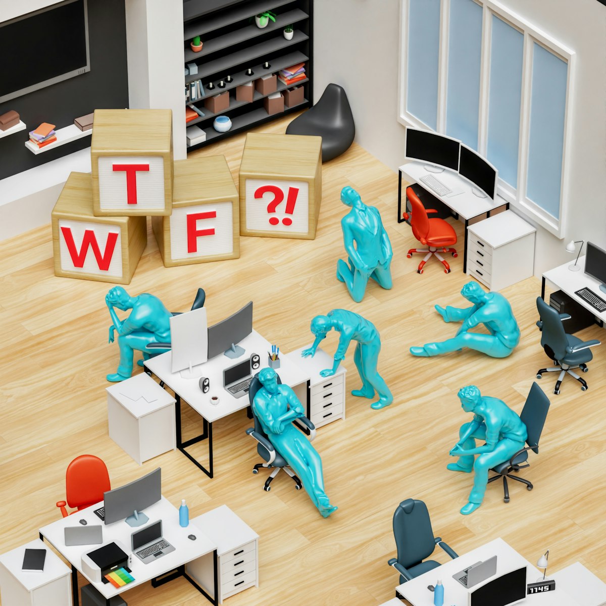 Miniature office figures beside wooden letter blocks