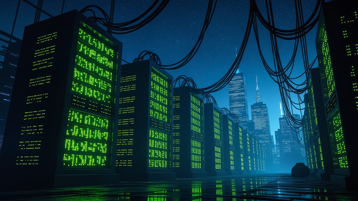 City skyline overlaid with streams of green code