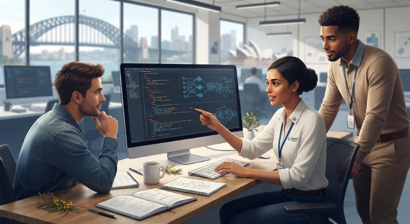 Three product team members collaborating in a modern office overlooking the Sydney Harbour Bridge and Opera House, discussing AI code and neural network diagrams on a computer screen.