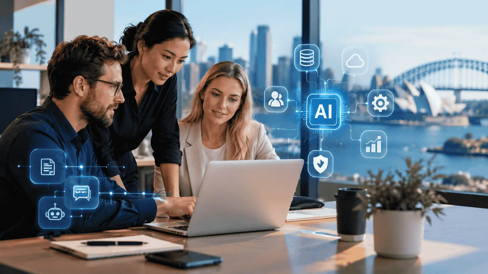 Three business professionals collaborating on a laptop with AI technology visuals in a modern Sydney office.