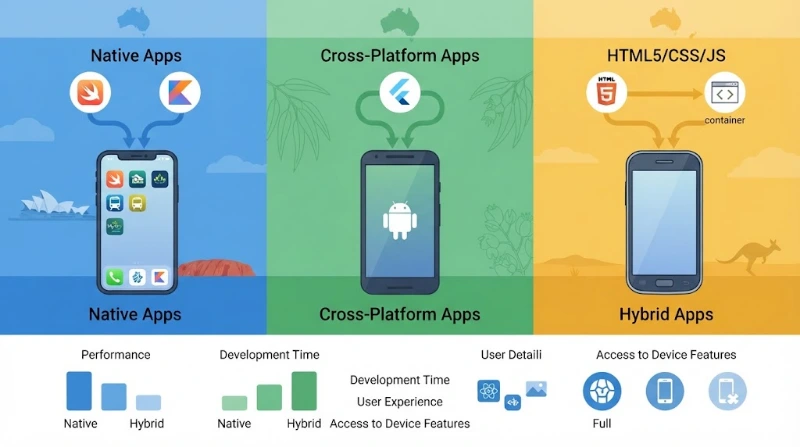 A three-panel illustration comparing native, cross-platform, and hybrid mobile app development with Australian themes and a bottom metric comparison chart.