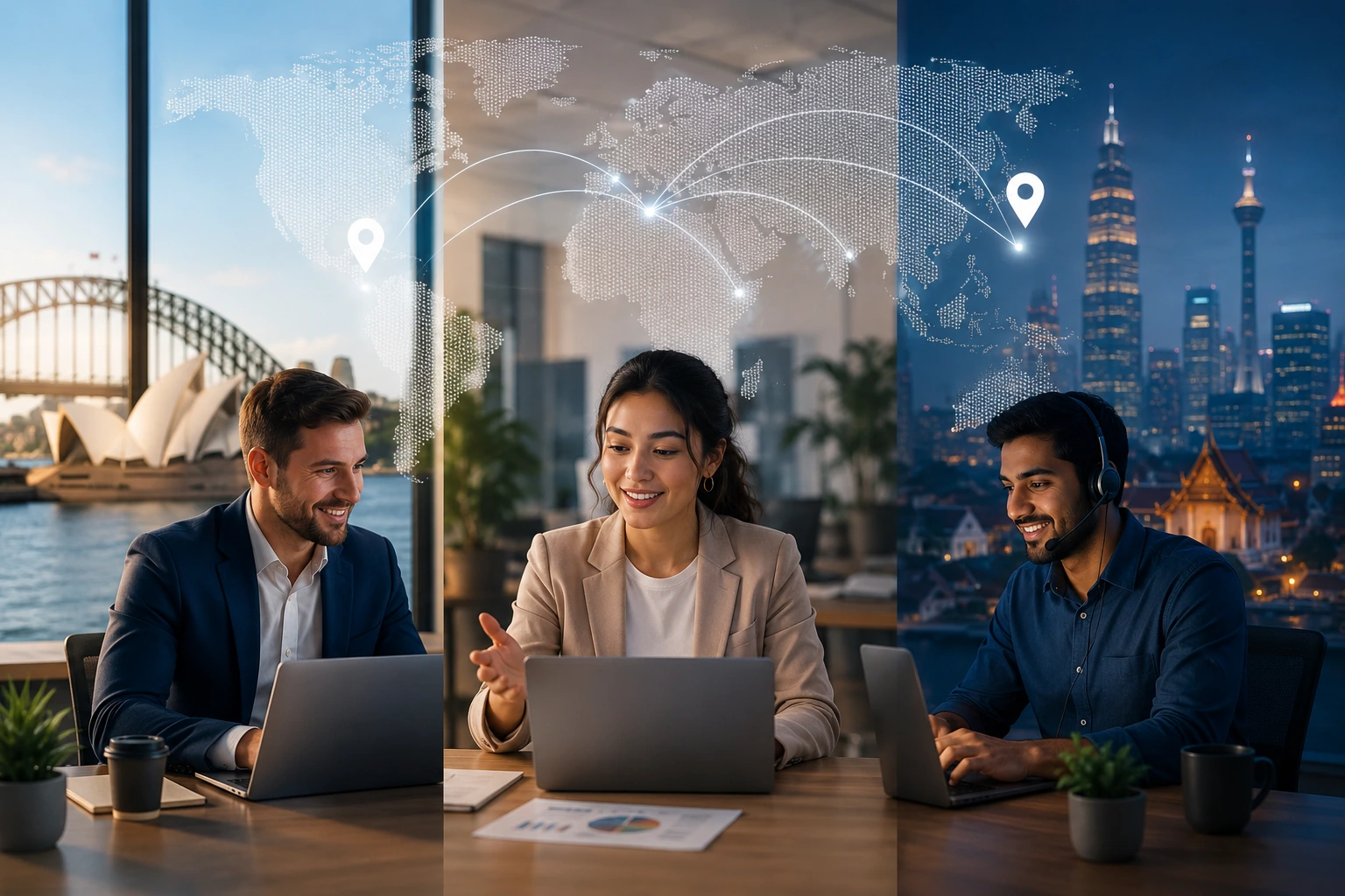 Three professionals collaborating remotely, representing onshore, offshore, and hybrid software development teams, with Sydney and international city skylines connected by a digital world map.