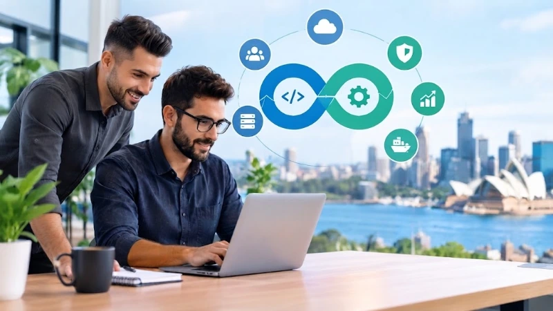 Two male software developers collaborating at a wooden desk in a modern office overlooking the Sydney Opera House and skyline. One developer is seated, typing on a laptop, while the other stands beside him, smiling and looking at the screen. A floating DevOps infinity loop graphic with related icons (code, gear, cloud, shield, chart, container) is superimposed in the air. A potted plant, coffee mug, and notebook are on the desk.