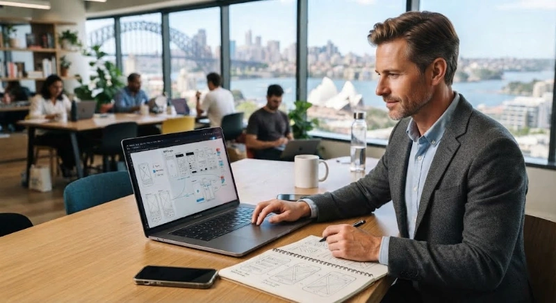 An Australian founder working on a laptop at a desk in a modern Sydney office, reviewing mobile app wireframe sketches and design layouts.